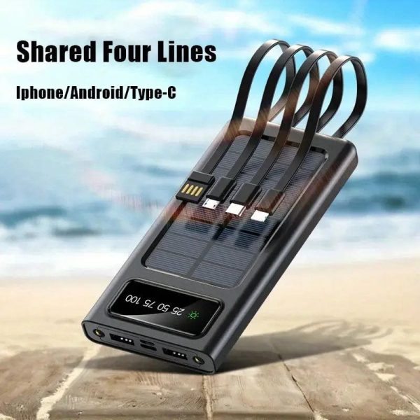Solar Power Bank 10000 mah, Fast Charging, Android Type C And Iphone, 4 Charging Cable